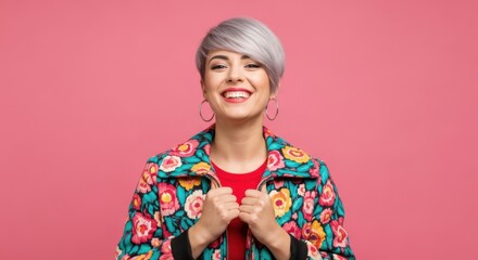 Young Woman Wearing a Colorful Floral Jacket Smiles Happily