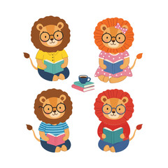 Cute Cartoon Illustration of Educated Lions Reading Book Learning Icon Set