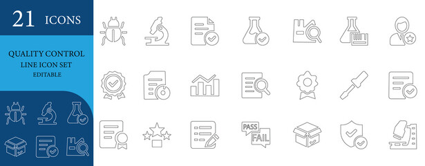 Line icon set on quality control, ISO certification, compliance, testing, inspection, lab analysis, verification, pass and fail, and trust symbols