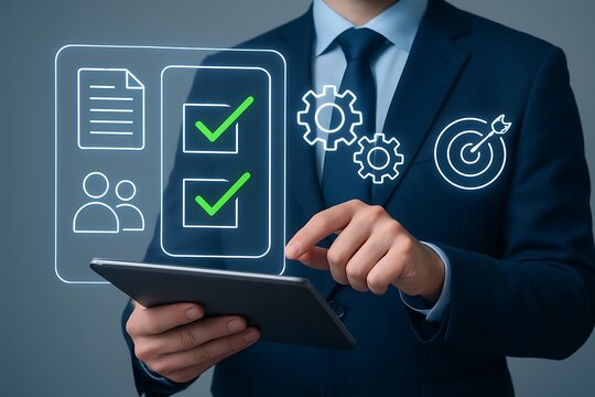 Businessman using tablet with digital checklist gears and target icons symbolizing success