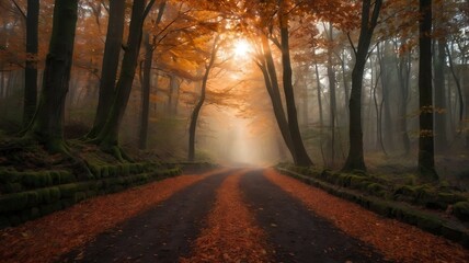 Fototapeta premium Autumnal Forest Path Sunlit Road Through Misty Woods