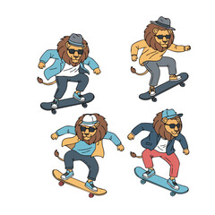 Cartoon Style Skateboarding Lion Character with Different Outfit Set Illustration