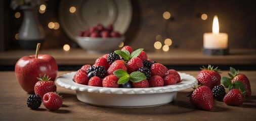 A beautiful assortment of fresh berries presented on a plate, evoking a cozy atmosphere with a warm candlelight backdrop, perfect for food-related projects.