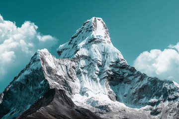 a mountain range with a river running through it and snow capped mountains in the background, with a blue sky