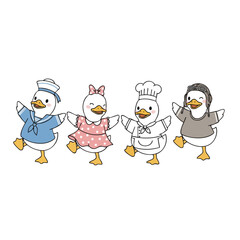 Cute Handdrawn Duck Characters Wearing Different Costume Group Illustration