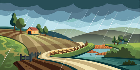Serene Rural Landscape: Rain Shower Over Farmland, Winding Road, and Rustic House; Flat Vector Illustration Style; Peaceful and Tranquil Mood.