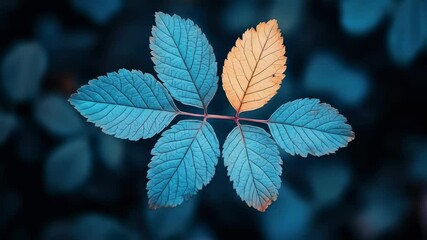 Teal leaves with one golden on a branch with dark, blurry background - Powered by Adobe