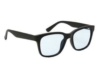 Stylish modern black framed eyeglasses with light blue lenses png isolated on transparent background