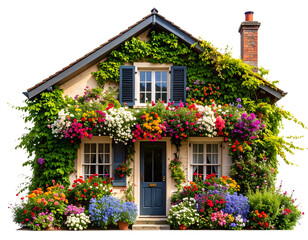 Vintage House Adorned with Vibrant Summer Flowers and Greenery, isolated on transparent background PNG