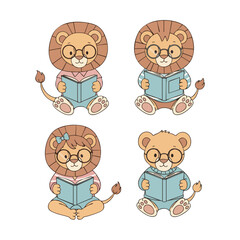 Cute Handdrawn Cartoon Lion Cub Character Reading Book Illustration