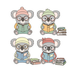 Fototapeta premium Cute Handdrawn Adorable Koala Reading Book with Glasses Animal Illustration
