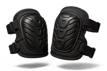 Durable black protective knee pads isolated on transparent background for safety