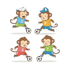 Handdrawn Style Four Funny Monkey Playing Soccer Cartoon Illustration
