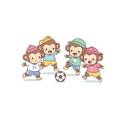 Cute Cartoon Style Monkey Playing Soccer Team Sport Illustration