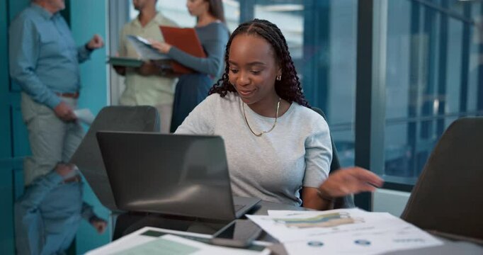 Office, info and woman with laptop for data entry, bookkeeper and records of financial transactions. Typing, digital report and accountant with documents for administration, read or serious with tech