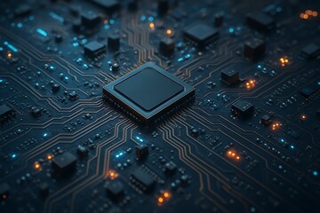 Close up of a futuristic computer motherboard with glowing blue and orange lights