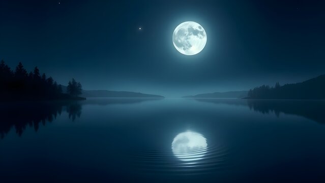 어두운 밤 밤하늘에 뜬 동그란 보름달과 그 아래 달이 비치는 호수 강물A round full moon in the dark night sky and a lake river below which the moon shines
