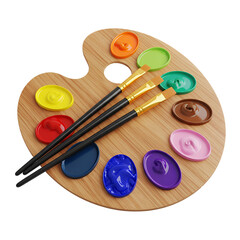 Wooden Artist Palette With Vibrant Paints and Brushes for Creative Painting Projects png isolated...