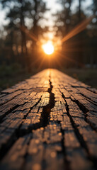 Obraz premium Close-Up of Weathered Wooden Surface with Warm Sunset Glow and Deep Cracks