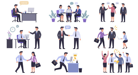 Modern vector illustrations capturing essential business scenarios like productive meetings, successful negotiations, job interviews, and collaborative workplace dynamics.