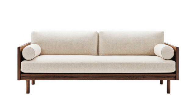 Modern walnut wood frame sofa beige fabric isolated on transparent background