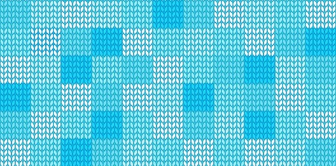 Turquoise knitted print with colored squares. Seamless pattern. Winter background