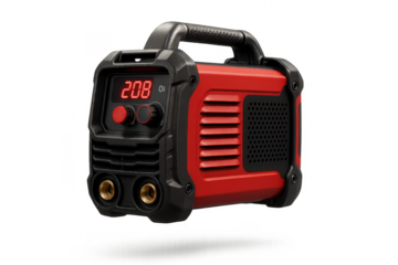 Modern red and black portable inverter welding machine isolated on transparent background