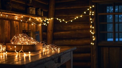 Warm Fairy Lights Bokeh in a Cozy Rustic Cabin Setting