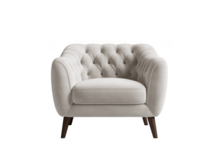 Beige velvet button tufted armchair isolated on transparent background