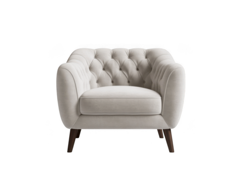 Beige velvet button tufted armchair isolated on transparent background
