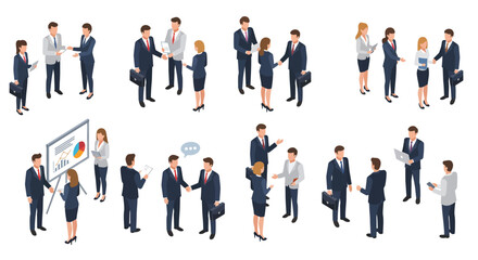Isometric illustration of diverse businesspeople collaborating, shaking hands, and presenting data during a series of productive meetings and presentations, showcasing teamwork and communication