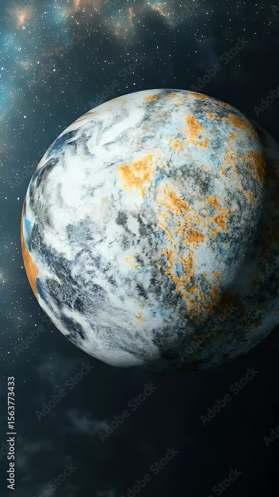 Poster abstract pixelated planet with white and orange textures floating in a cosmic space against a dark b
