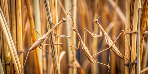 Two Camouflaged Praying Mantises Resting on Dried Reeds in a Golden Field