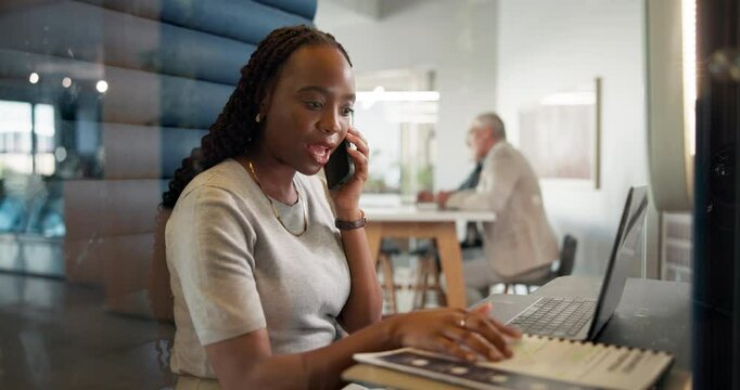 Woman, consultant and laptop with phone call in office booth for financial advice or negotiation. Female person, agent or accountant talking on mobile smartphone with computer for insurance policy