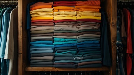 Neatly stacked colorful clothing in a wooden display, showcasing vibrant hues of yellow, orange, and blue, perfect for any wardrobe.