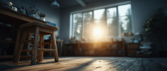 Sunlight school art room with wooden stool, creative workspace warm atmosphere morning light peaceful and inspiring.