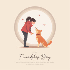 Happy Friendship Day Post and Greeting Card. Friendship Day Celebration Banner with a Girl and kittens Vector Illustration