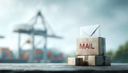 Mail envelope on wooden blocks at industrial shipping dock, blurred crane and container background, concept of logistics and communication.