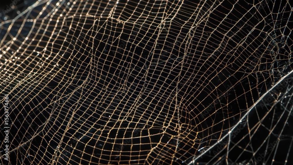 Poster texture of glowing spider web in dark background with golden highlights, close-up macro detail for h