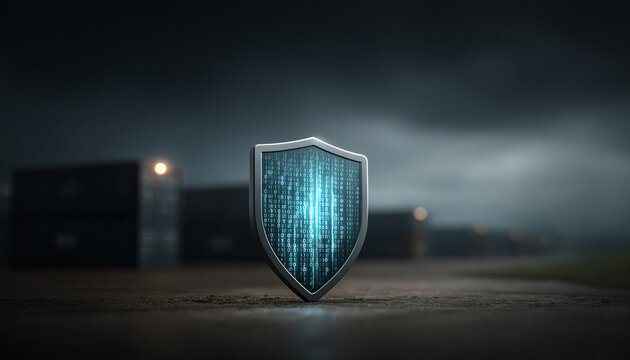 Shield binary code cybersecurity data protection digital security glowing technology outdoor container night blue metal.