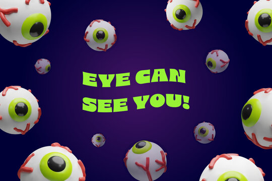 Halloween-themed 3D illustration featuring floating cartoon eyeballs with visible red veins on a dark purple background. For seasonal designs, party invitations, awareness campaigns