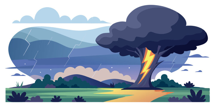 Stylized illustration: Lightning striking a tree during a dramatic thunderstorm, flat design, moody landscape.