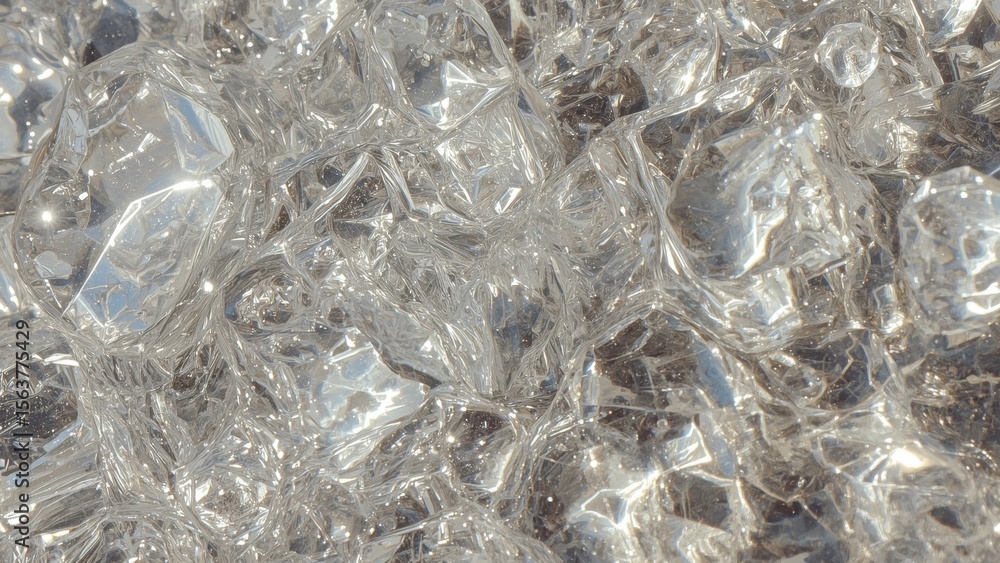 Poster texture of transparent ice cubes close-up pattern with shiny reflective surfaces, perfect for cold b