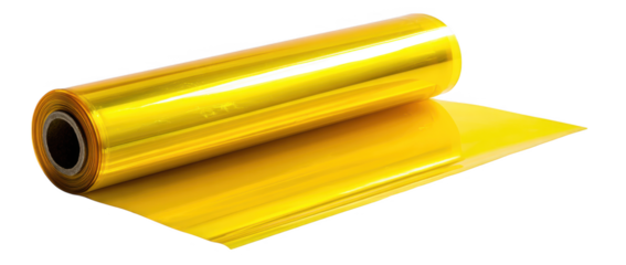 Shiny yellow translucent plastic film roll on a black background.