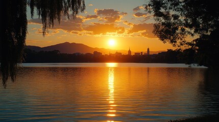 Golden sunset over lake, city skyline framed by trees