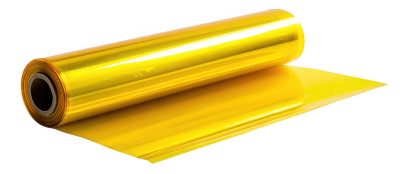 Shiny yellow translucent plastic film roll on a black background.