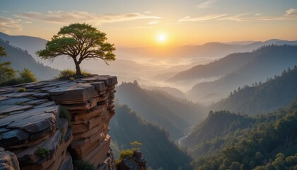 Solitary Tree Perched atop Rocky Precipice Overlooking Misty Mountain Vista at Sunrise