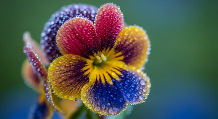 A close-up of a unique and colorful flower with dew drops on its petals. The background is soft and out of focus.