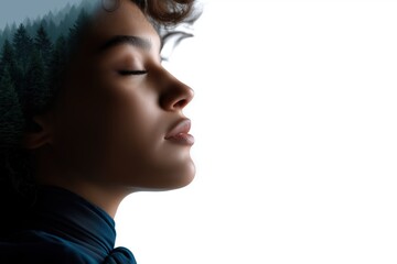 A serene studio shot of a young woman with her eyes closed emphasizing natural beauty and minimal makeup in a soft focus setting