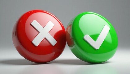 Red X and Green Check Mark Spheres Representing Choice or Validation